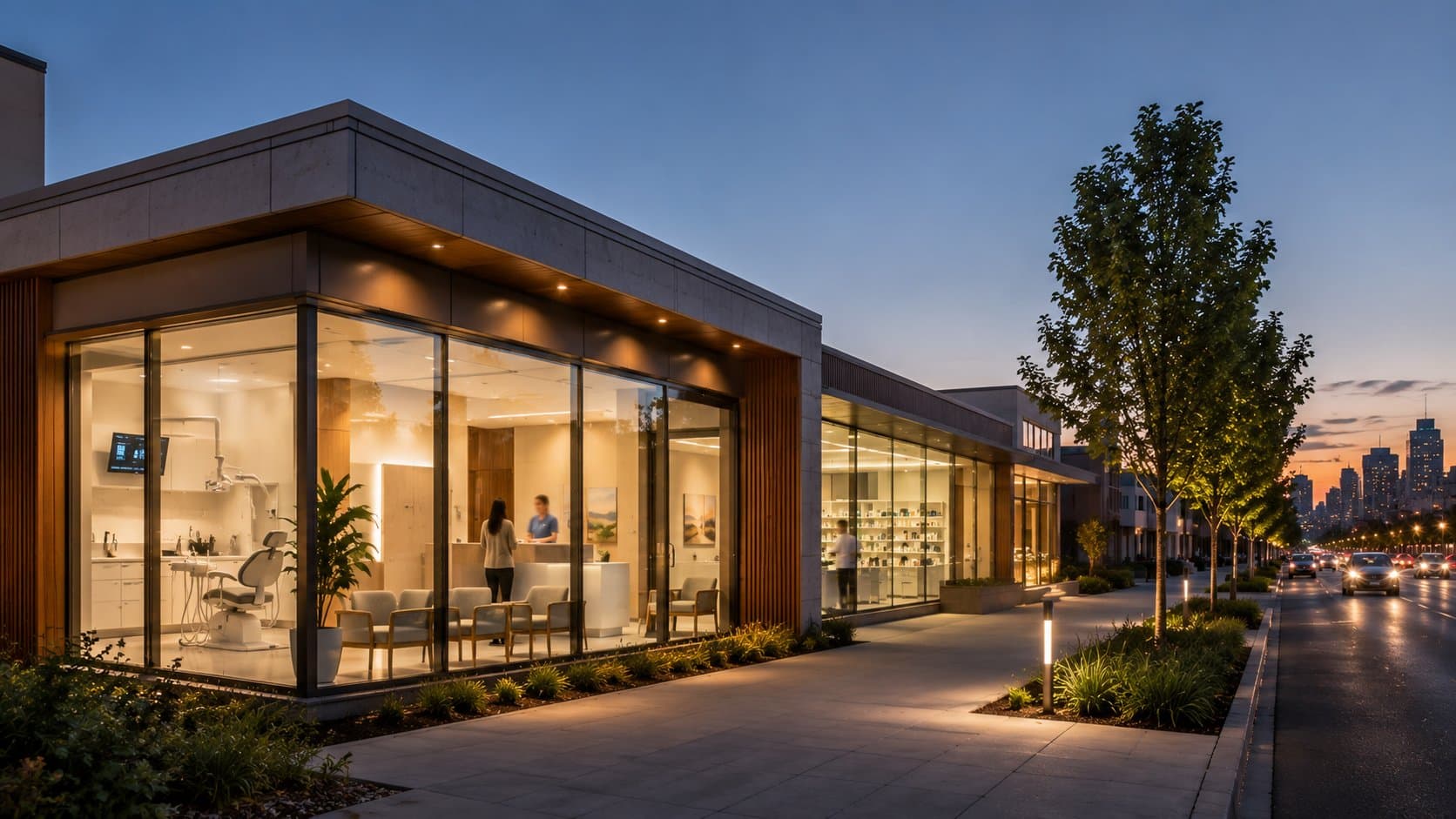Modern medical and dental clinic at dusk in the Greater Toronto Area